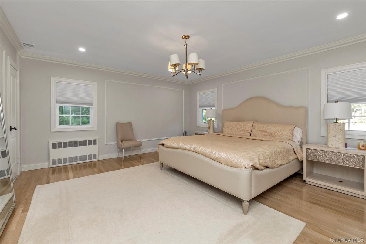 Bedroom, Chandelier, Interior, Recessed Lighting, Wood Texture Flooring