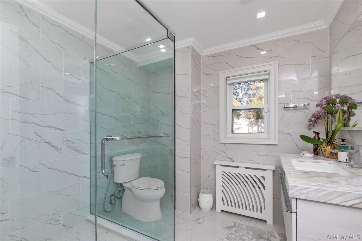 Bathroom, Glass Shower, Interior, Marble, Marble Walls, Recessed Lighting