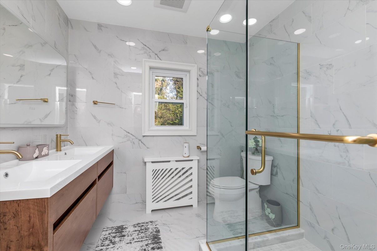 Bathroom, Glass Shower, Interior, Marble, Marble Walls, Recessed Lighting