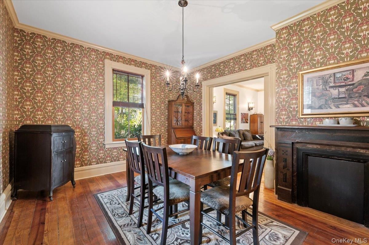 Chandelier, Dining room, Fireplace, Interior, Pendant Lights, Wood Texture Flooring