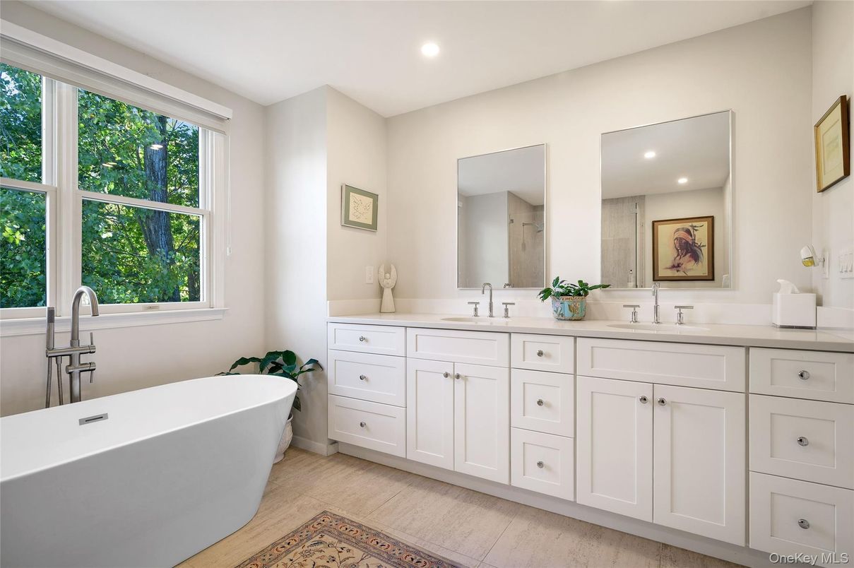 Bathroom, Dual Sink Vanities, Free Standing Baths, Interior, Recessed Lighting, Wood Texture Flooring