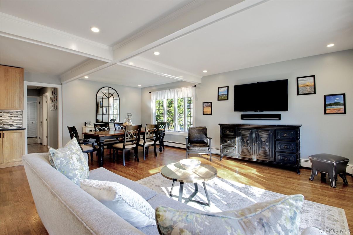 Dining room, Interior, Kitchen, Living room, Recessed Lighting, Wood Texture Flooring