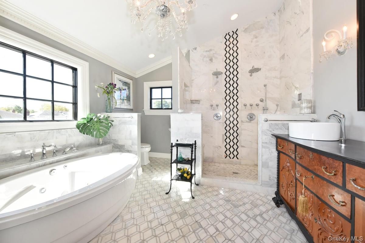 Bathroom, Dual Sink Vanities, Glass Shower, Interior, Marble Walls, Recessed Lighting