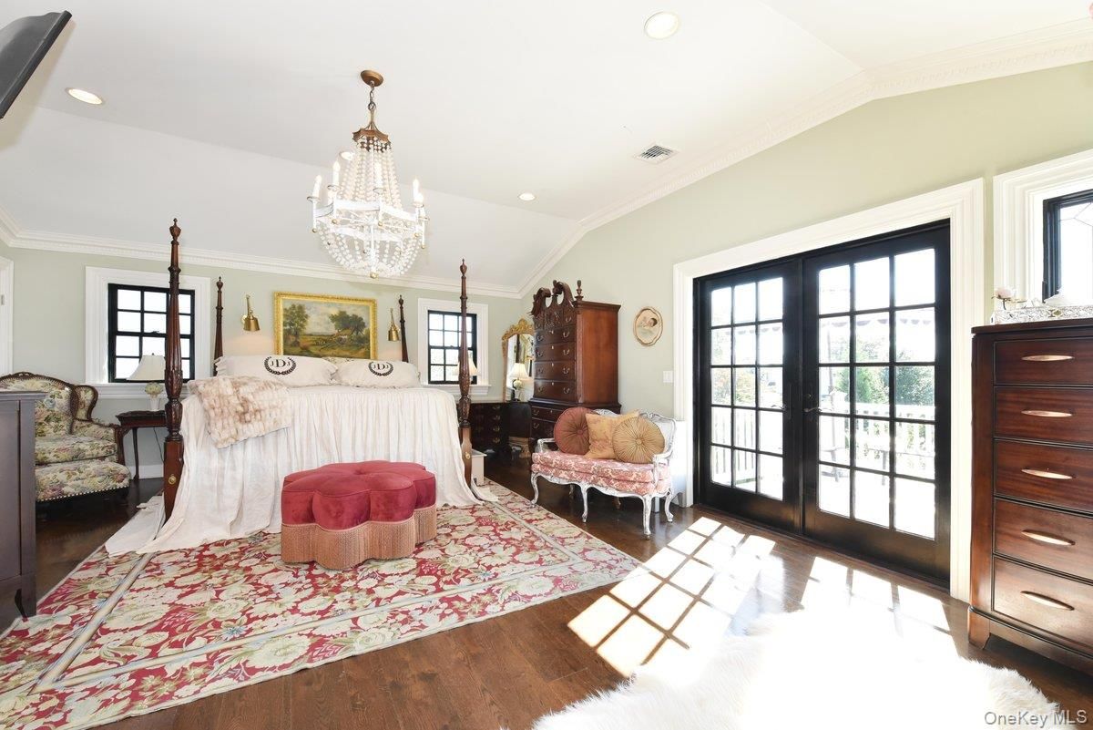 Bedroom, Chandelier, Interior, Recessed Lighting, Wood Texture Flooring