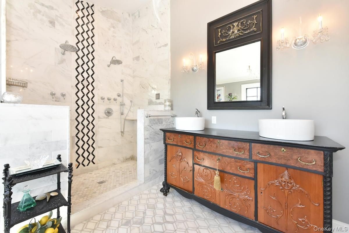 Bathroom, Dual Sink Vanities, Glass Shower, Interior, Marble Walls