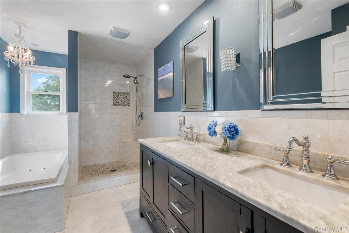 Bathroom, Chandelier, Dual Sink Vanities, Glass Shower, Interior, Recessed Lighting
