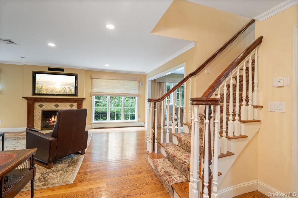 Fireplace, Interior, Recessed Lighting, Wood Texture Flooring