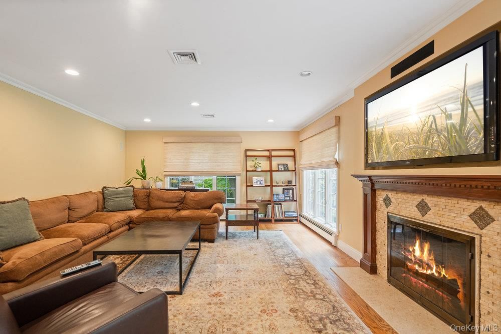 Fireplace, Interior, Living room, Recessed Lighting, Wood Texture Flooring