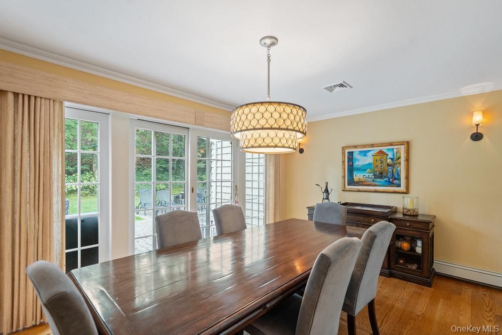Dining room, Interior, Pendant Lights, Wood Texture Flooring