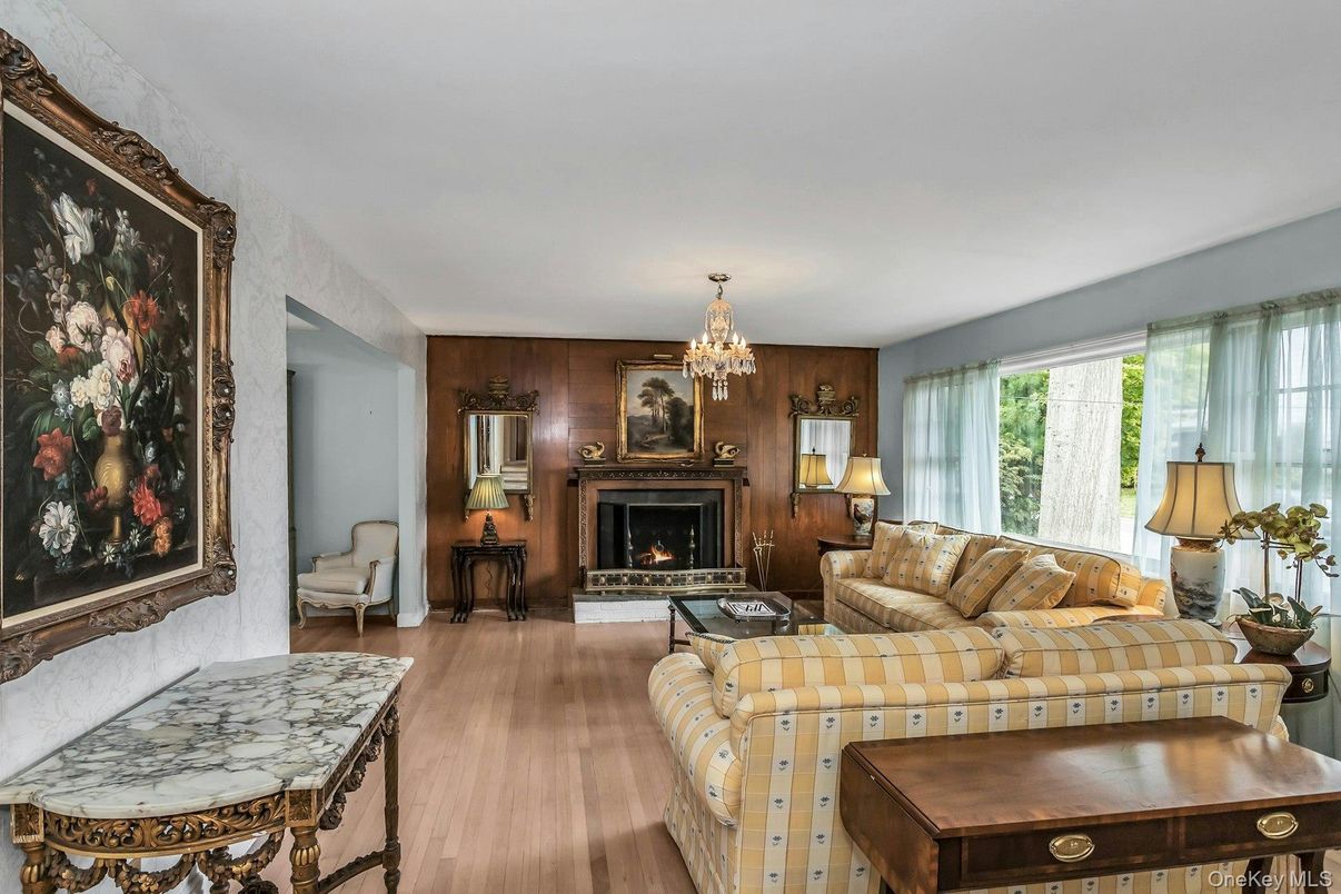 Chandelier, Fireplace, Interior, Living room, Wood Texture Flooring, Wooden Walls