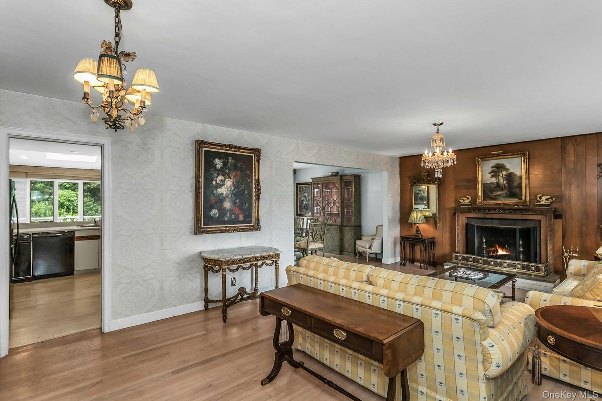 Chandelier, Fireplace, Interior, Living room, Wood Texture Flooring