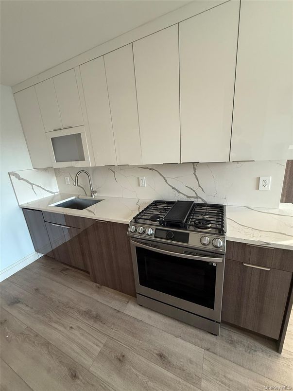 Interior, Kitchen, Marble Walls, Stainless Steel Appliances, Wood Texture Flooring