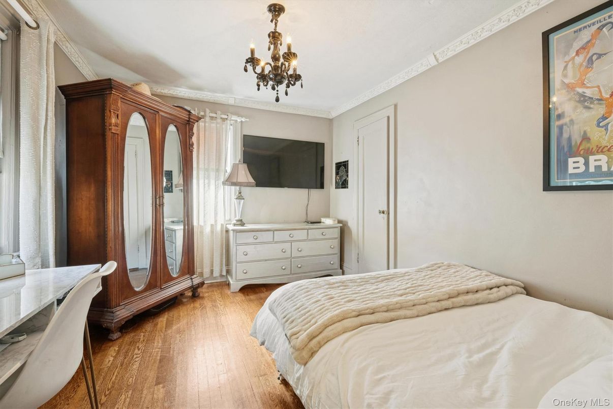 Bedroom, Chandelier, Interior, Wood Texture Flooring