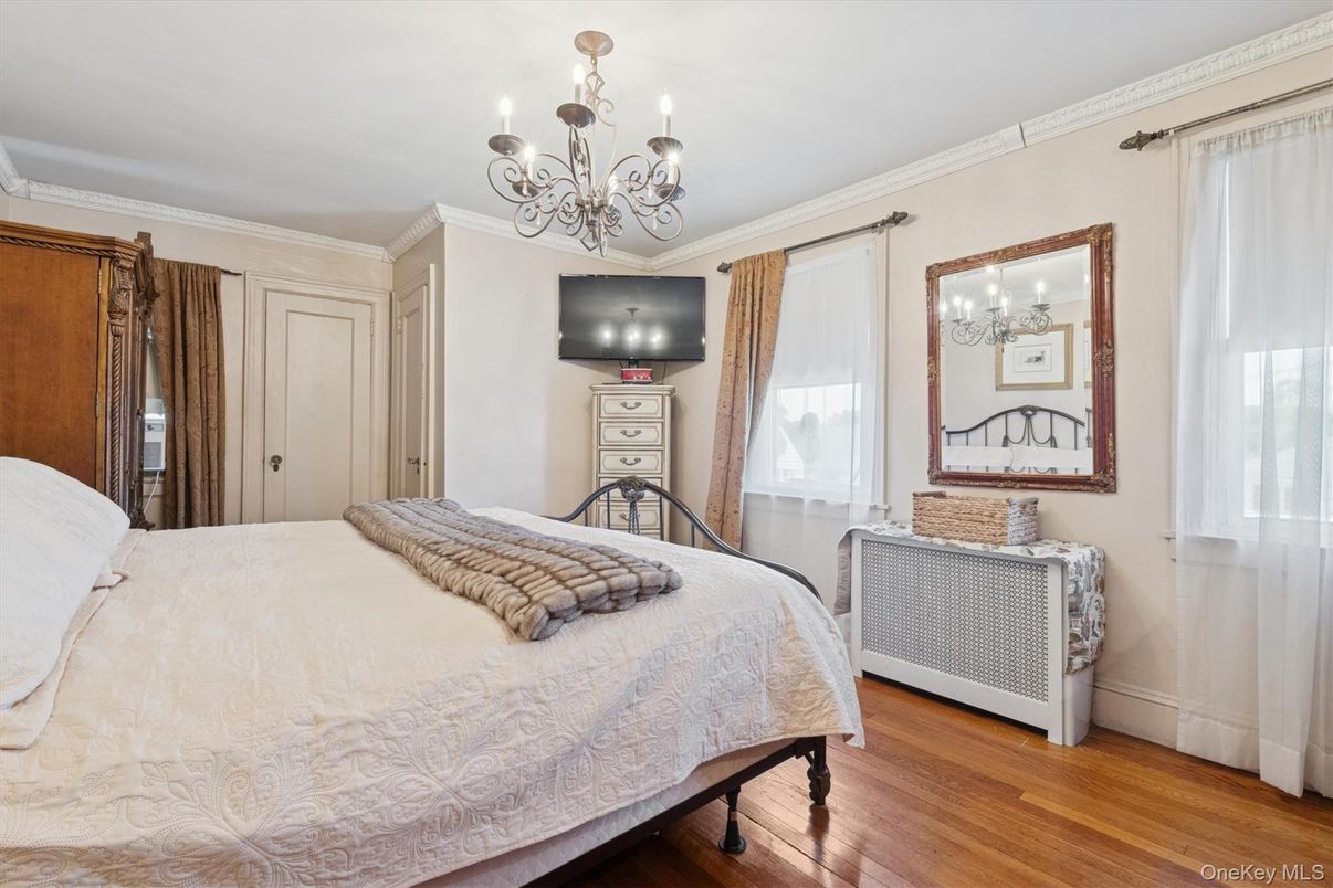 Bedroom, Chandelier, Interior, Wood Texture Flooring