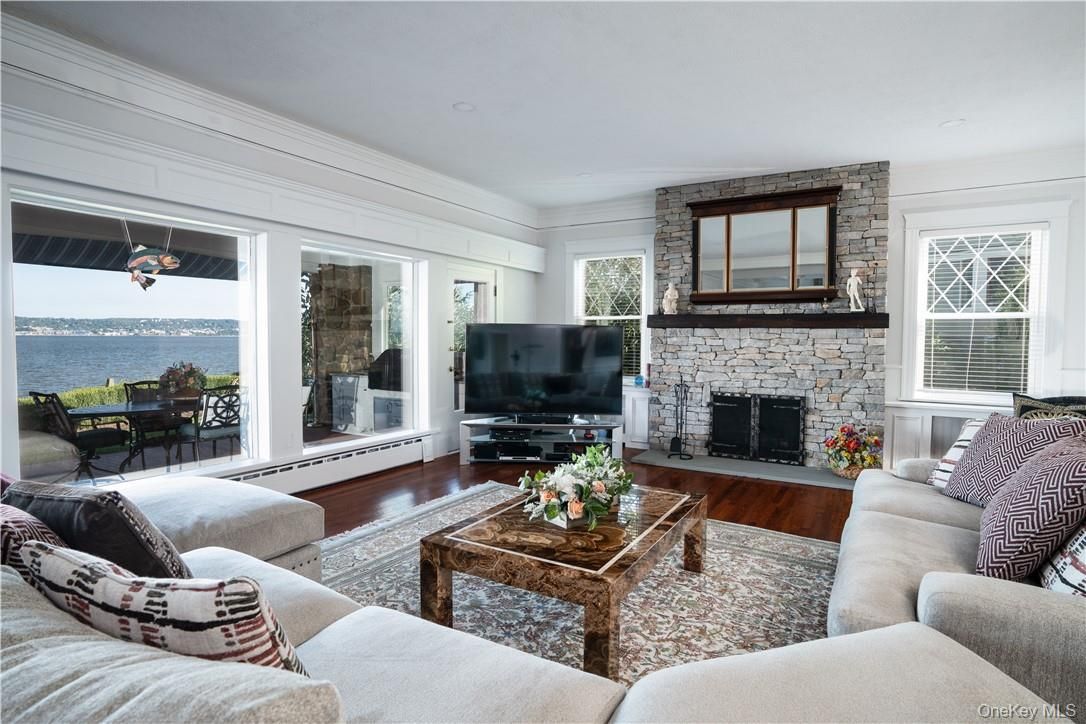 Fireplace, Interior, Living room, Stone Walls, Water, Wood Texture Flooring