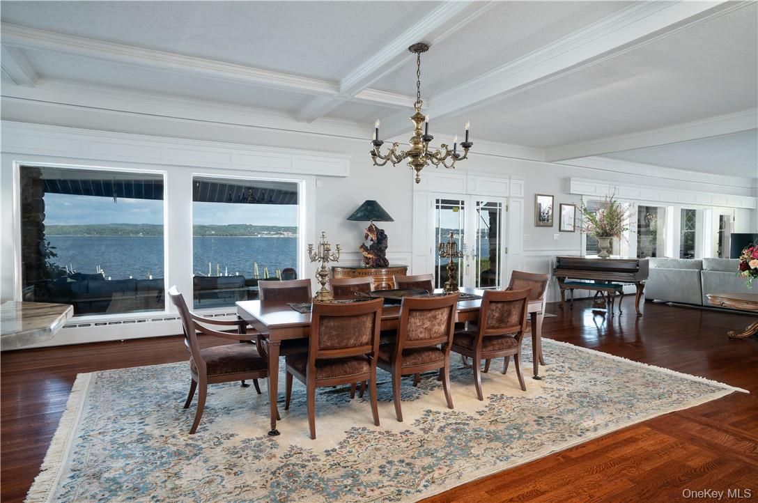 Chandelier, Dining room, Interior, Piano, Water, Wood Texture Flooring