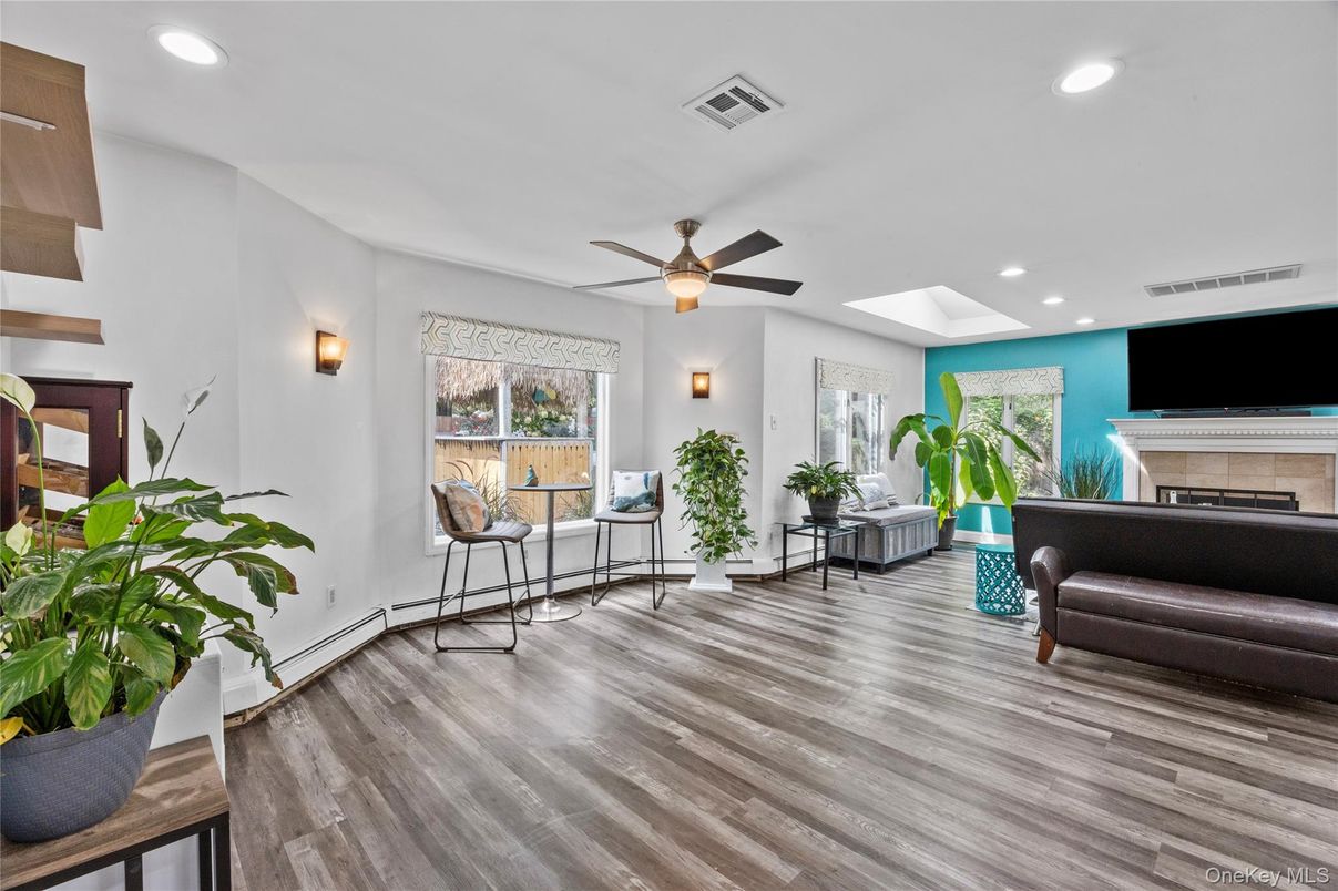 Fireplace, Interior, Recessed Lighting, Wood Texture Flooring