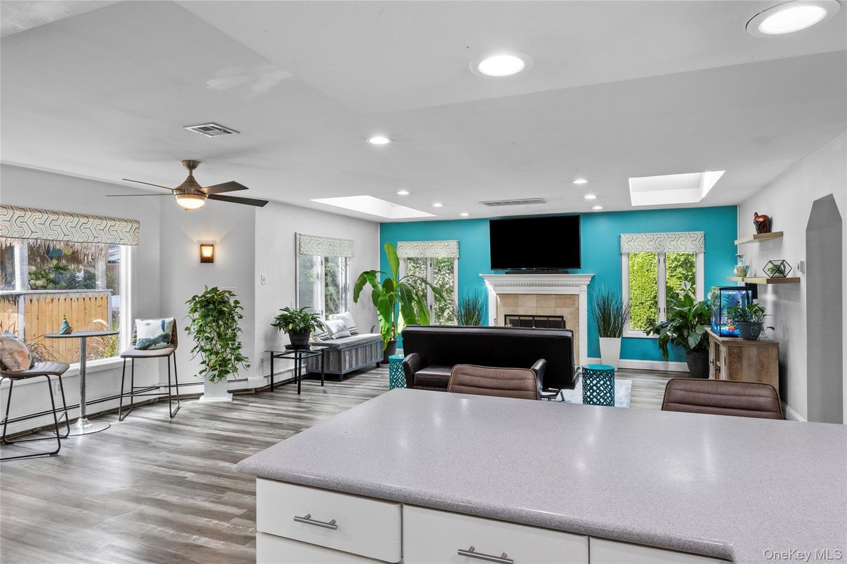 Fireplace, Interior, Living room, Recessed Lighting, Wood Texture Flooring