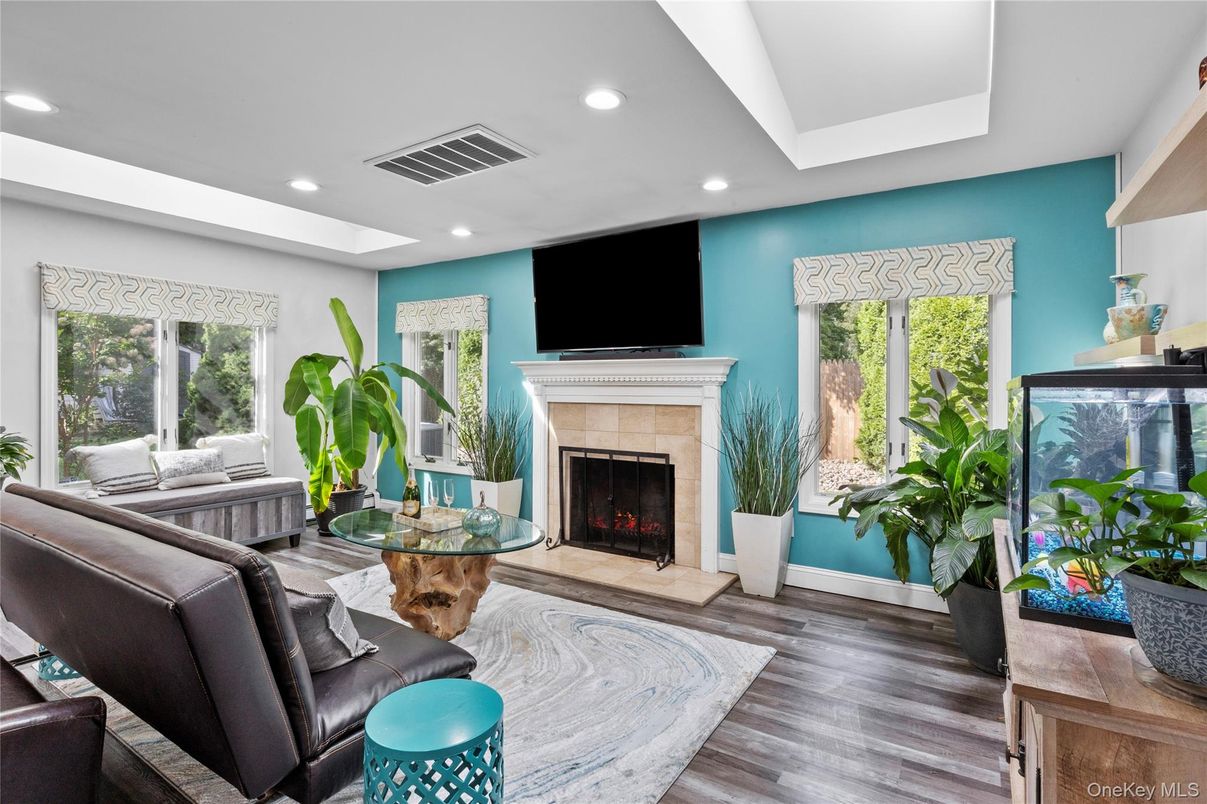 Fireplace, Interior, Living room, Recessed Lighting, Wood Texture Flooring