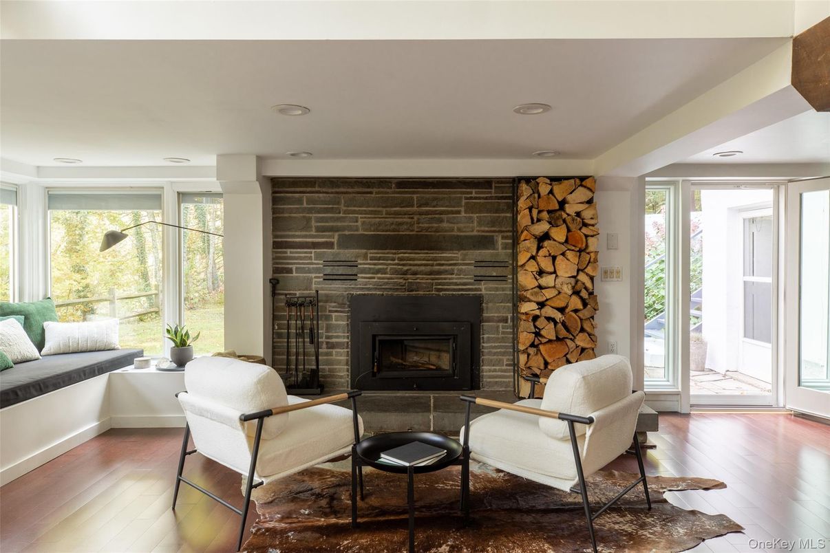Fireplace, Interior, Recessed Lighting, Stone Walls, Wood Texture Flooring