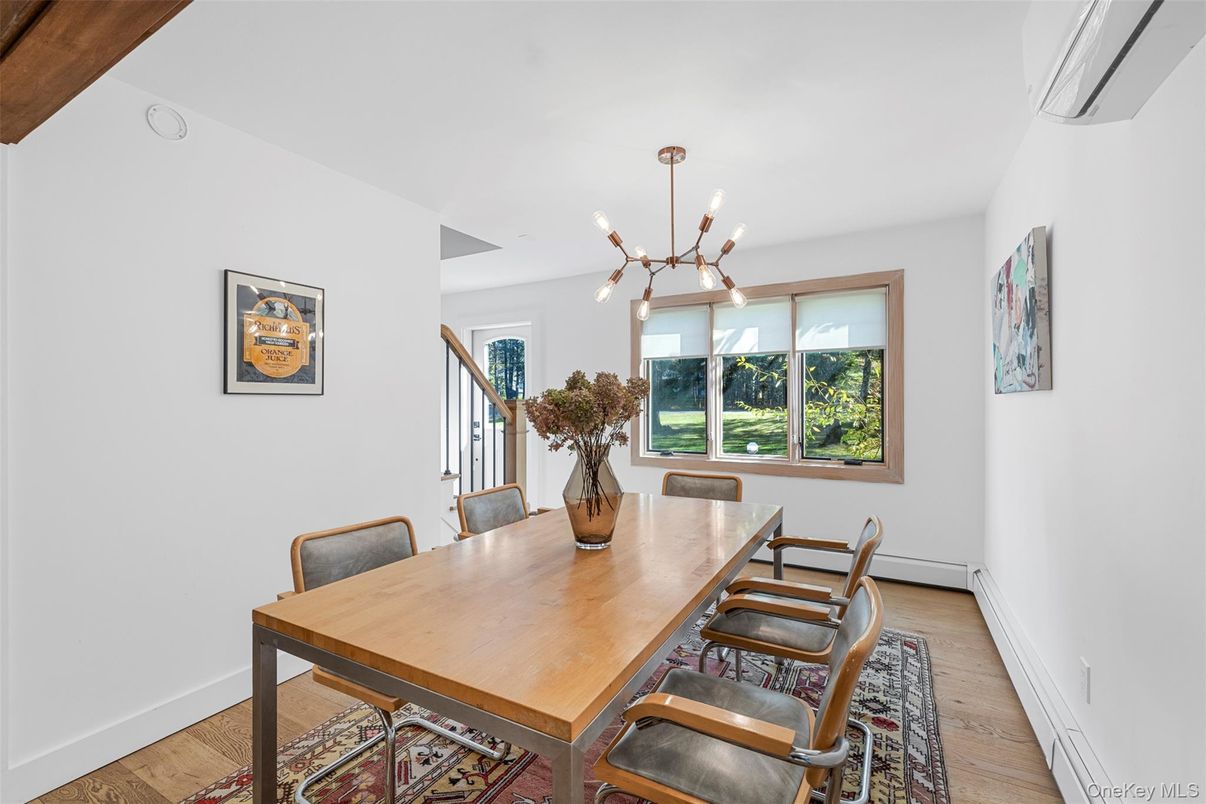 Dining room, Interior, Pendant Lights, Wood Texture Flooring