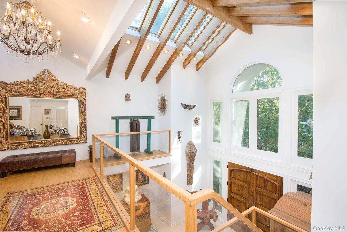 Chandelier, Interior, Recessed Lighting, Wooden Beams, Wood Texture Flooring