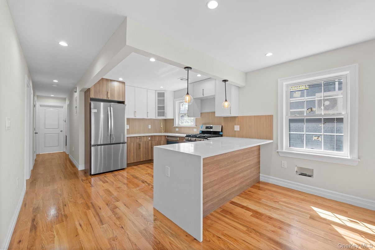 Interior, Kitchen, Pendant Lights, Recessed Lighting, Stainless Steel Appliances, Wood Texture Flooring