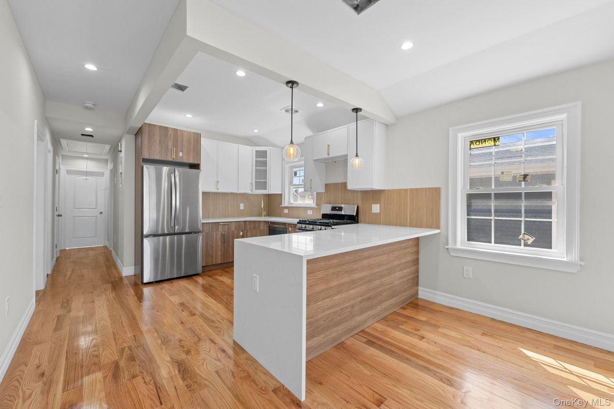 Interior, Kitchen, Pendant Lights, Recessed Lighting, Stainless Steel Appliances, Wood Texture Flooring