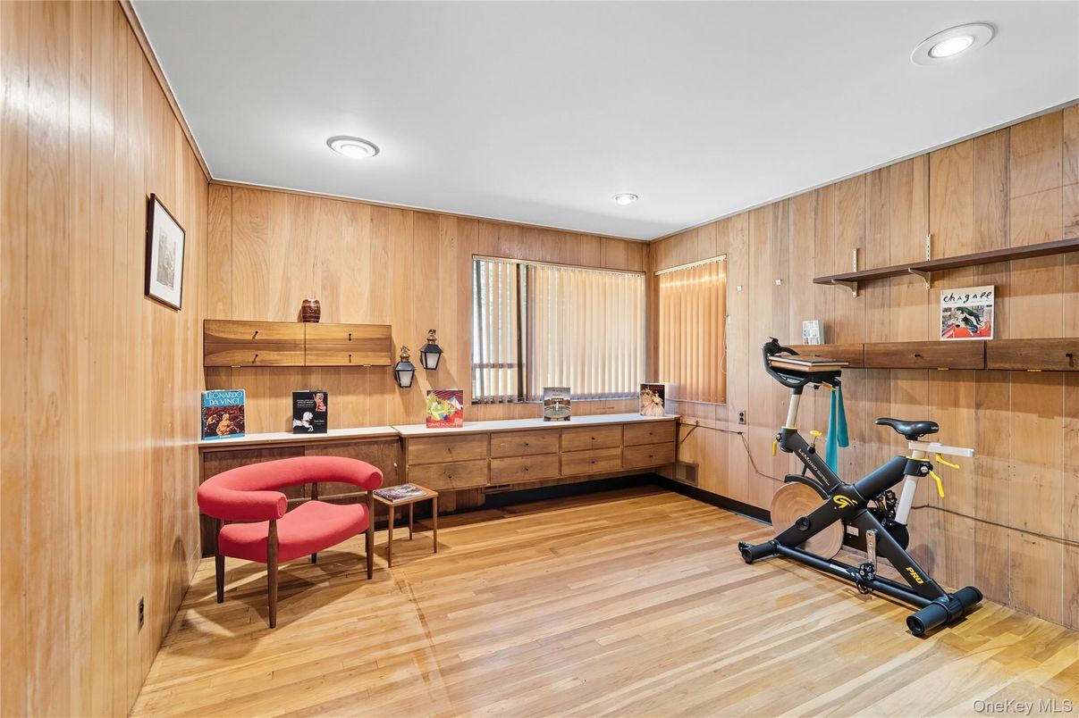 Fitness Equipment, Interior, Recessed Lighting, Wood Texture Flooring, Wooden Walls