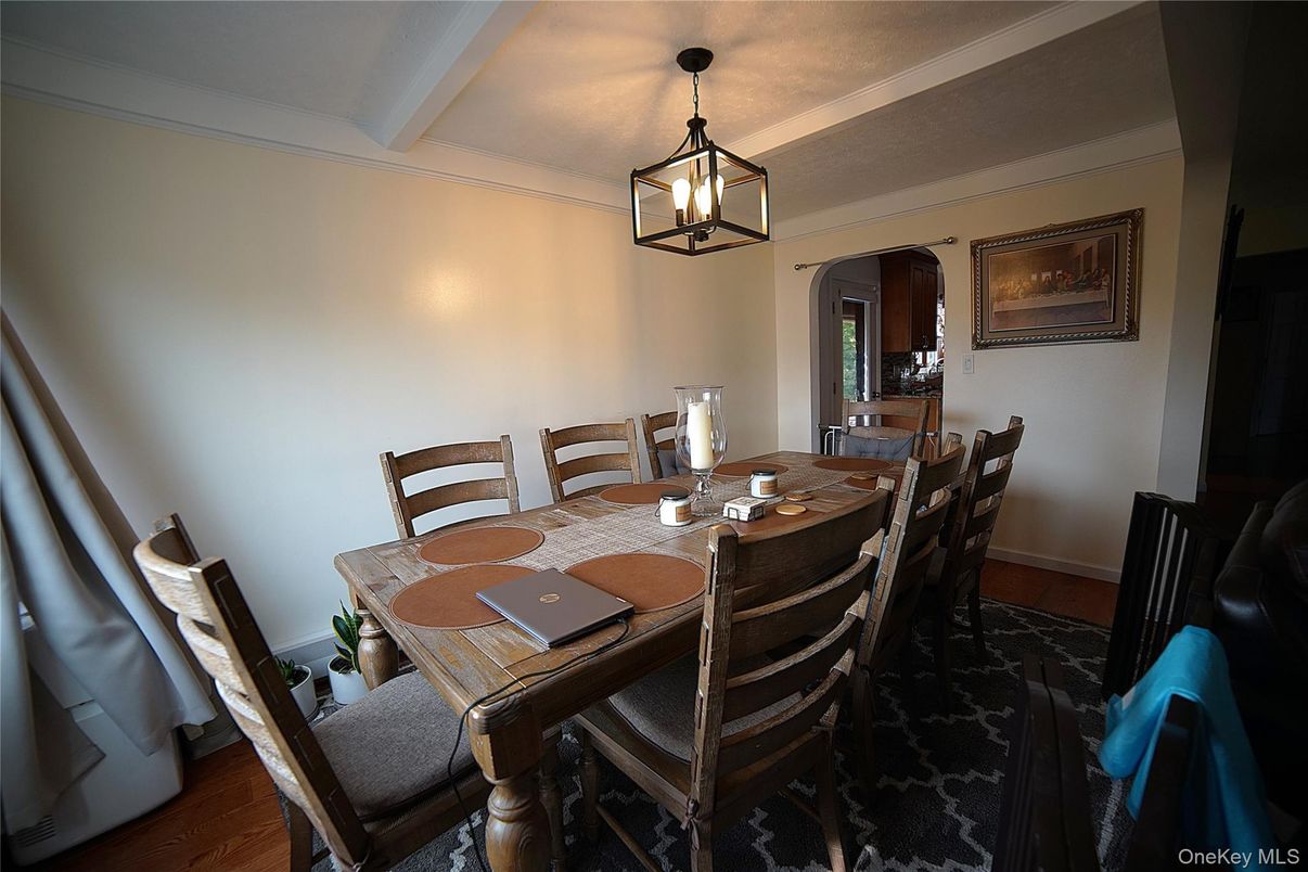 Dining room, Interior, Pendant Lights, Wood Texture Flooring