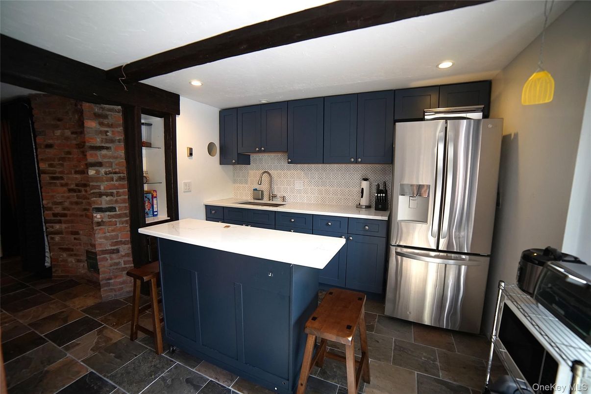 Interior, Kitchen, Pendant Lights, Recessed Lighting, Stainless Steel Appliances, Stone Walls