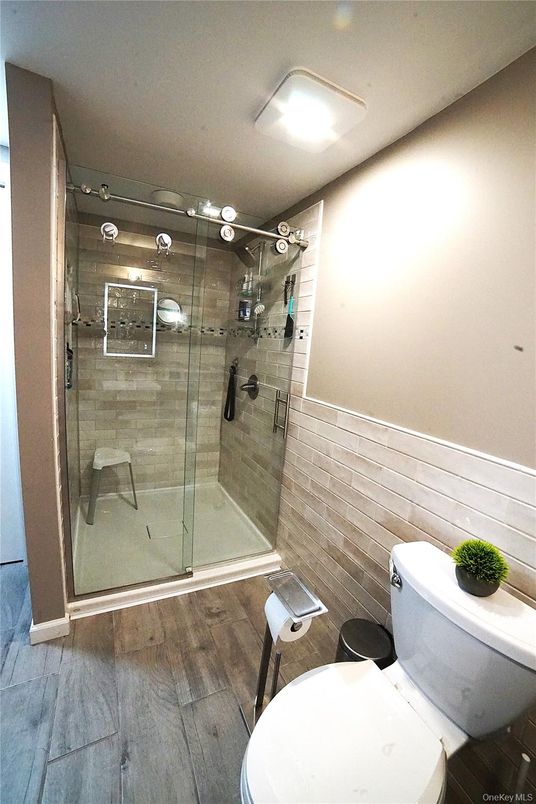 Bathroom, Glass Shower, Interior, Wood Texture Flooring