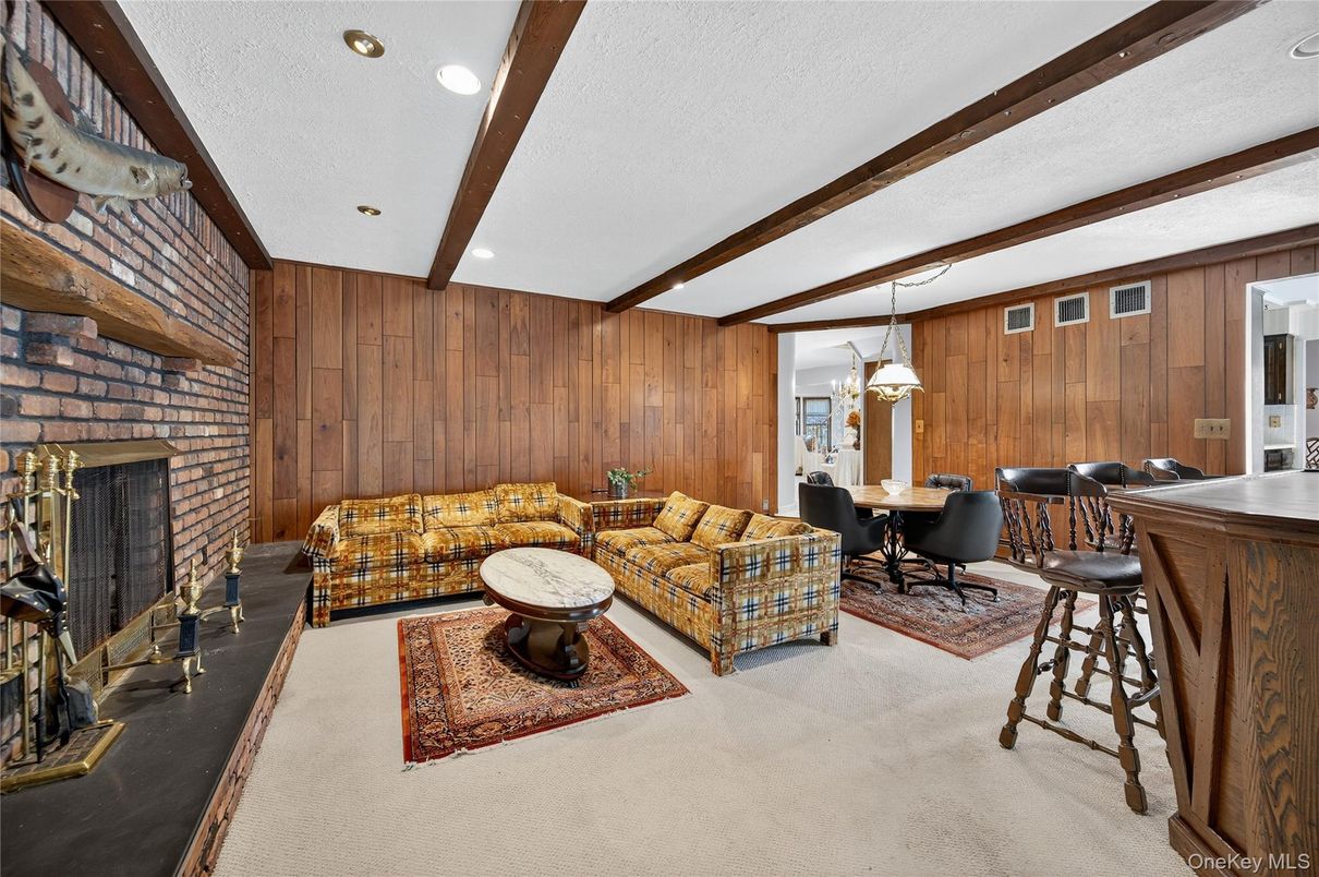 Dining room, Fireplace, Interior, Living room, Pendant Lights, Recessed Lighting, Stone Walls, Wooden Beams, Wooden Walls