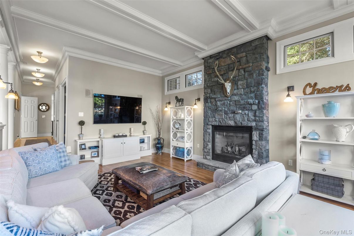 Fireplace, Interior, Living room, Stone Walls, Wood Texture Flooring