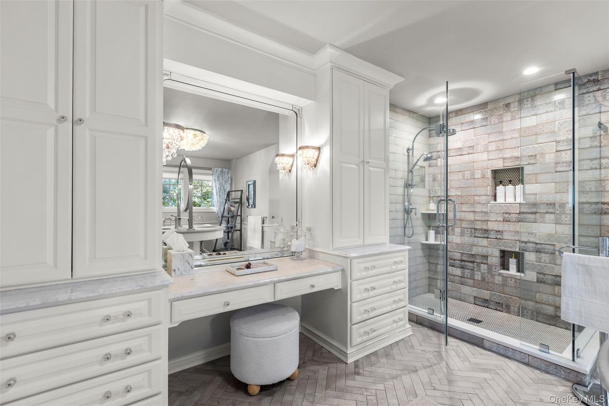 Bathroom, Glass Shower, Interior, Recessed Lighting, Stone Walls
