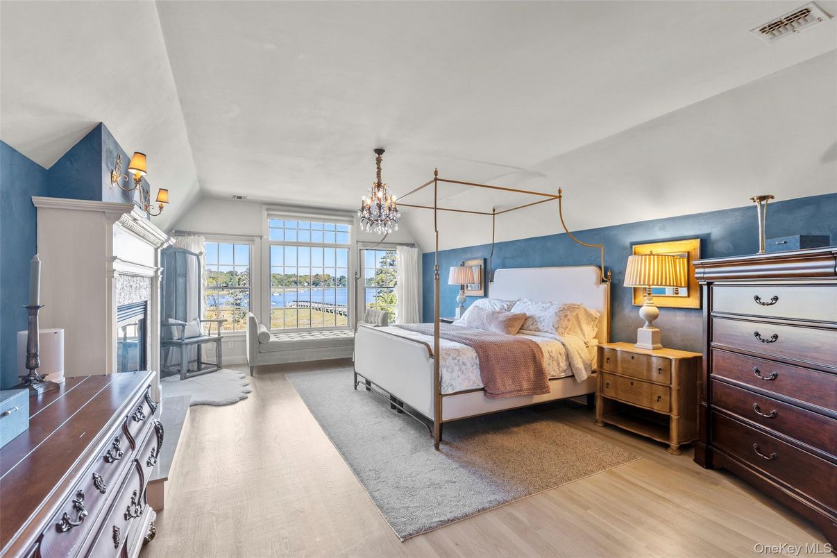 Bedroom, Chandelier, Interior, Water, Wood Texture Flooring
