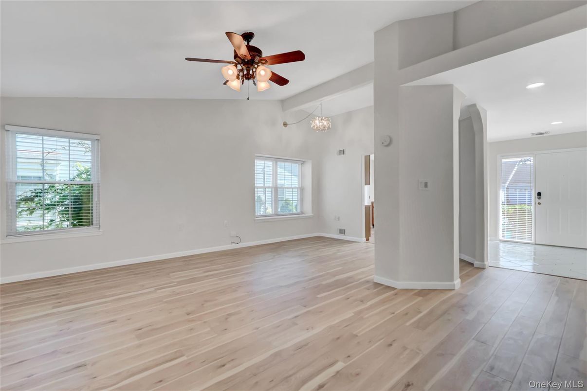 Chandelier, Empty room, Interior, Recessed Lighting, Wood Texture Flooring