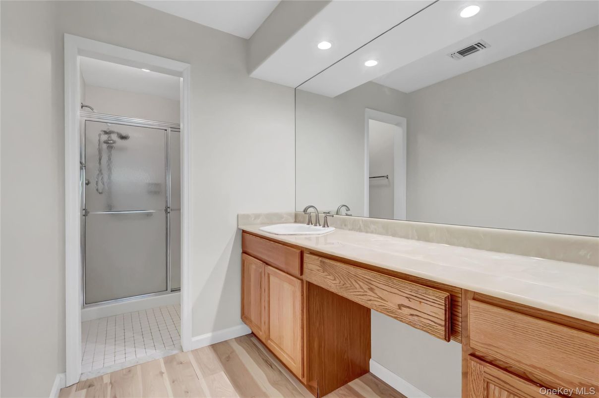 Bathroom, Glass Shower, Interior, Recessed Lighting, Wood Texture Flooring