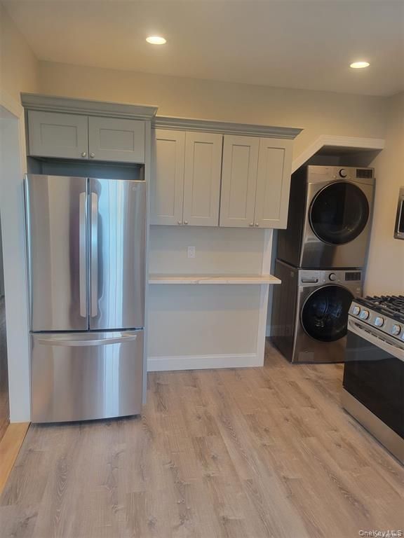 Interior, Kitchen, Recessed Lighting, Stainless Steel Appliances, Washer, Wood Texture Flooring