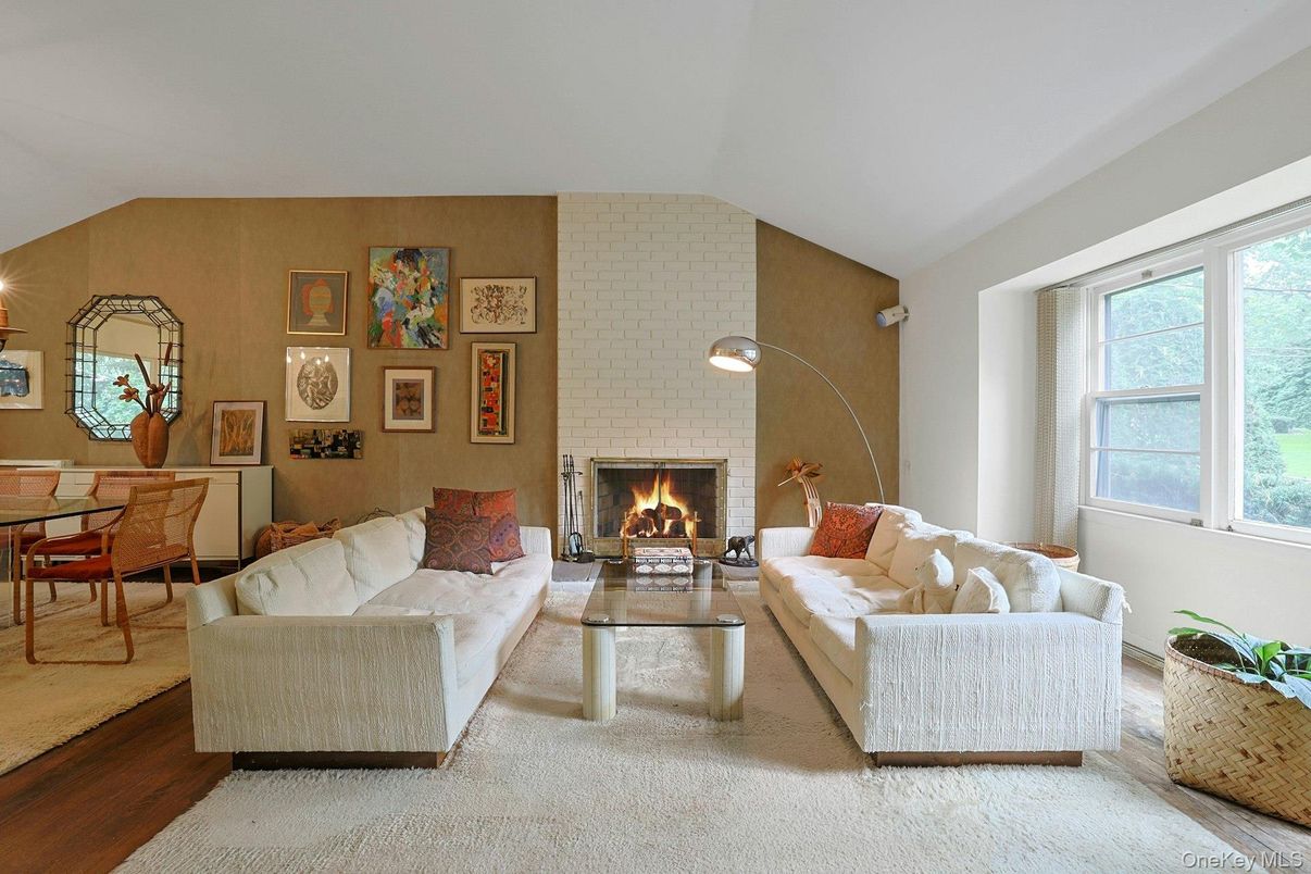 Dining room, Fireplace, Interior, Living room, Stone Walls, Wood Texture Flooring