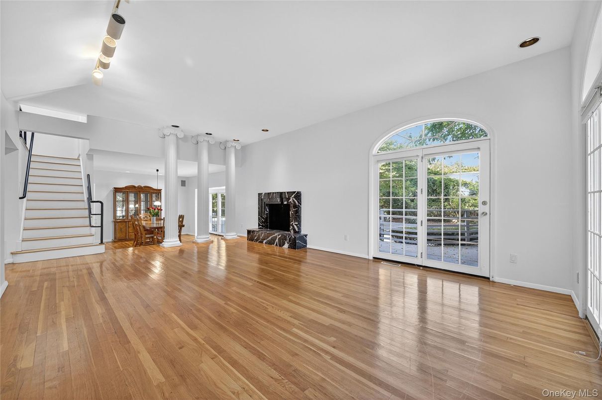Empty room, Fireplace, Interior, Recessed Lighting, Wood Texture Flooring