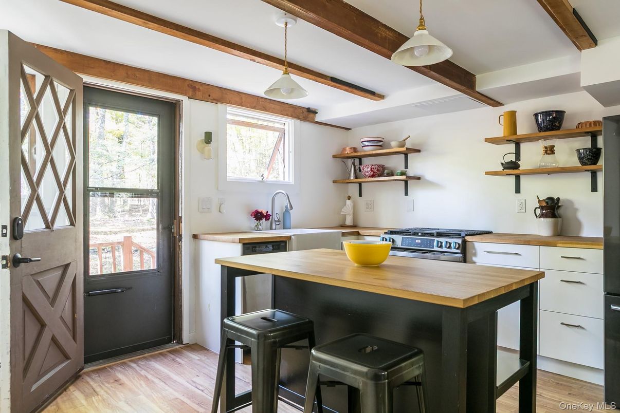 Interior, Kitchen, Pendant Lights, Wooden Beams, Wood Texture Flooring