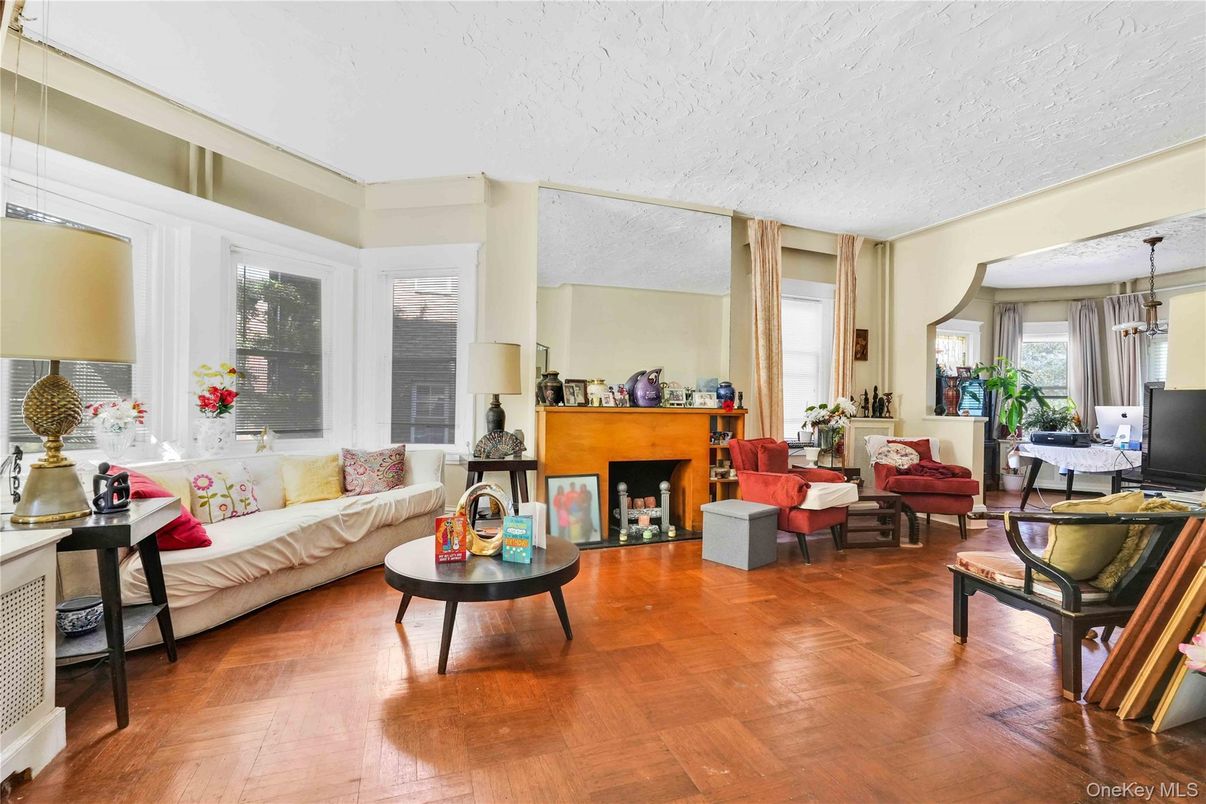 Fireplace, Interior, Living room, Pendant Lights, Wood Texture Flooring