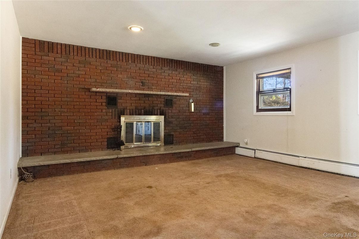 Empty room, Fireplace, Interior, Recessed Lighting, Stone Walls