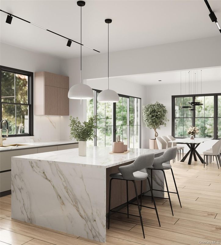 Dining room, Interior, Kitchen, Marble Walls, Pendant Lights, Wood Texture Flooring