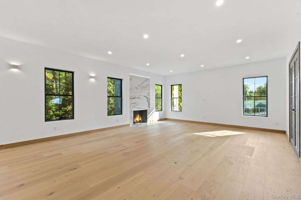 Empty room, Fireplace, Interior, Recessed Lighting, Wood Texture Flooring