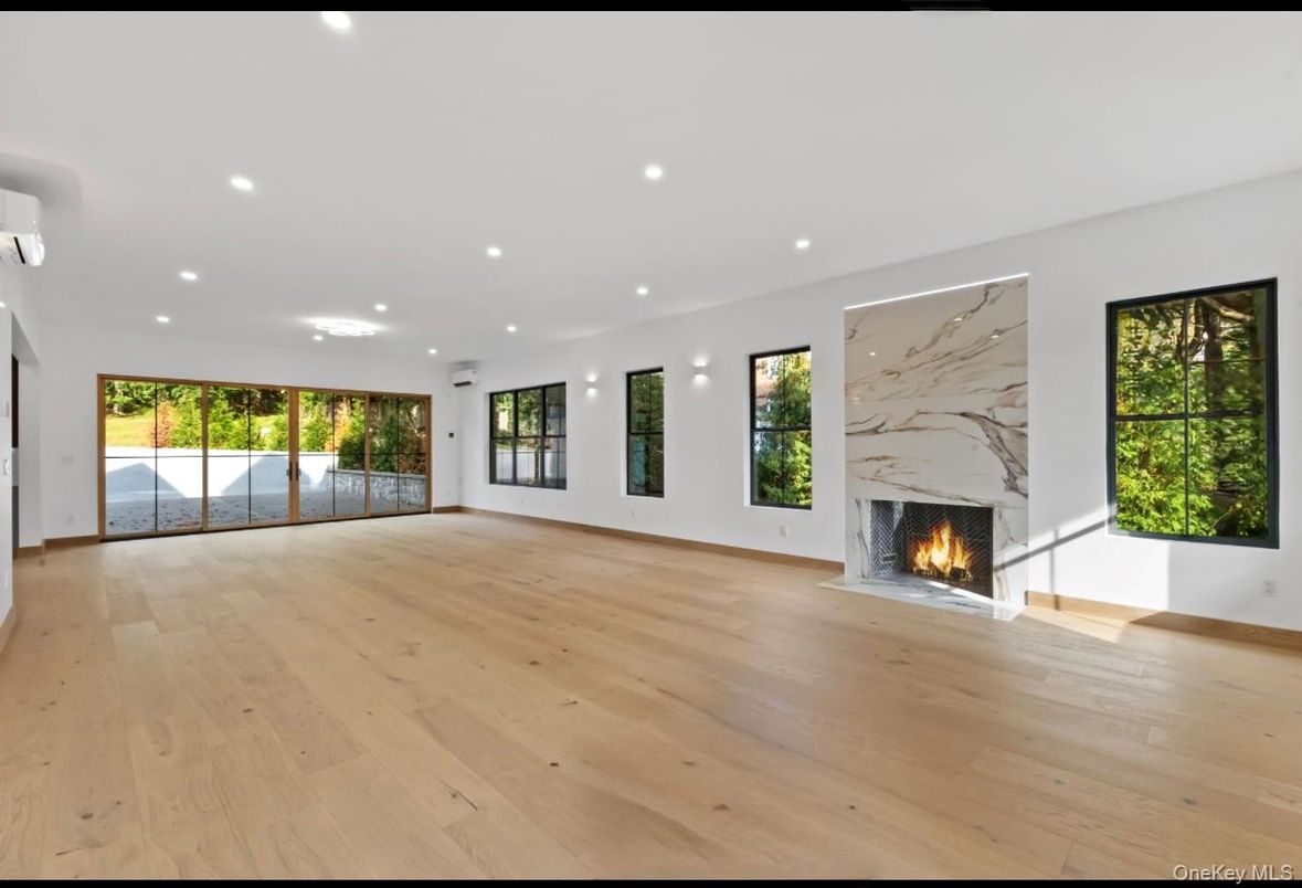 Empty room, Fireplace, Interior, Recessed Lighting, Wood Texture Flooring
