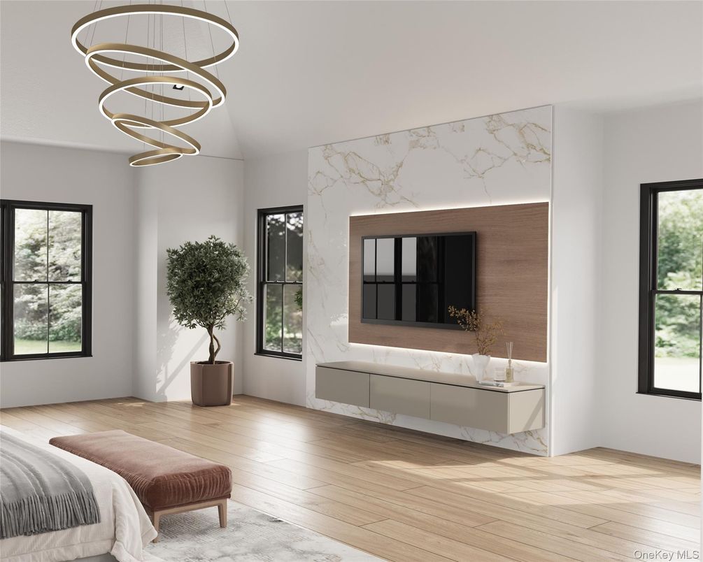 Bedroom, Fireplace, Interior, Marble Walls, Pendant Lights, Wood Texture Flooring