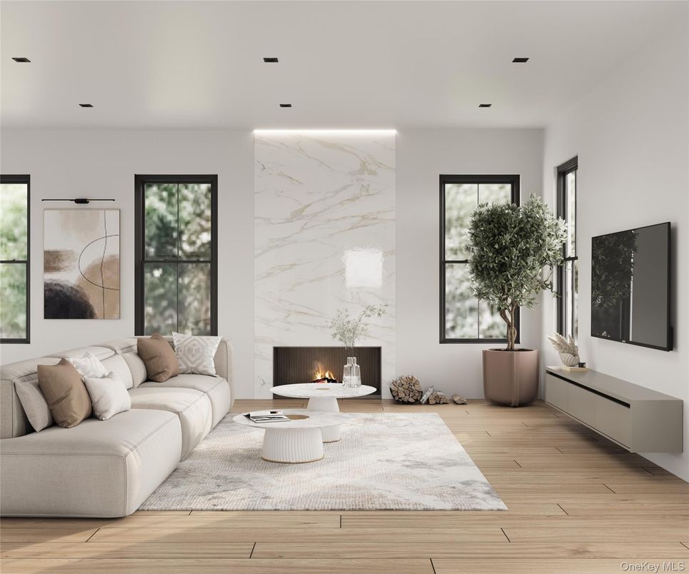 Fireplace, Interior, Living room, Marble Walls, Recessed Lighting, Wood Texture Flooring