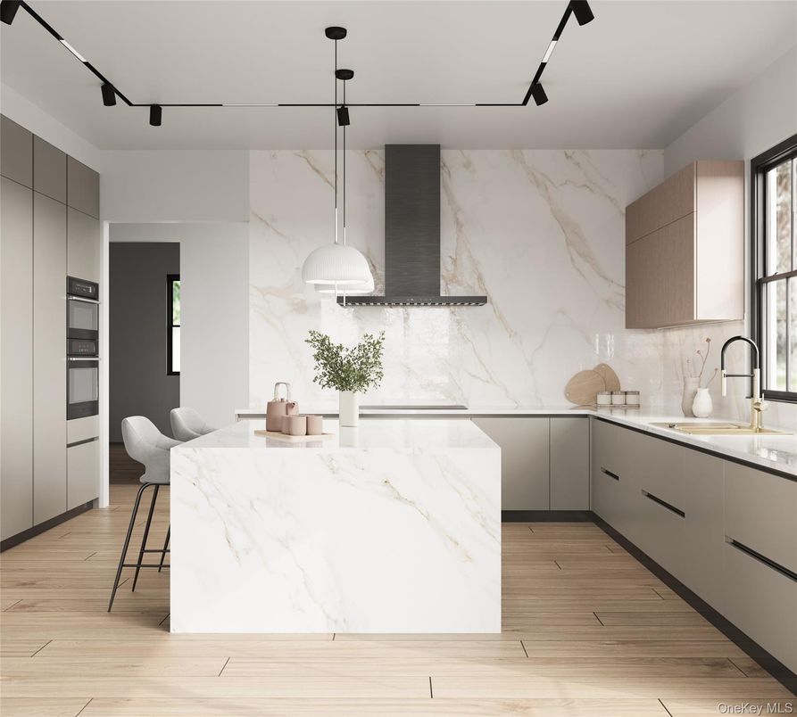 Interior, Kitchen, Marble Walls, Pendant Lights, Wood Texture Flooring